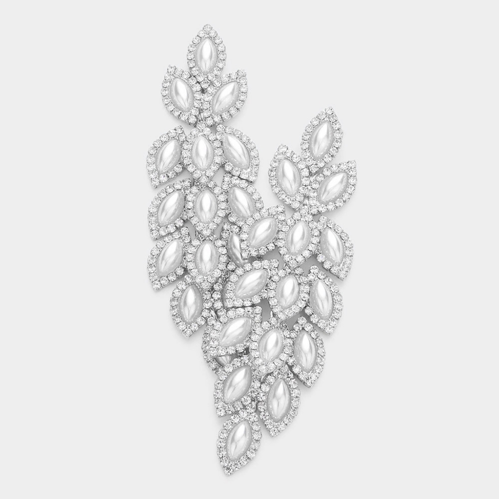 White Pearl Marquise Crystal Leaf Drop Dangle Earrings 3.25" Chandelier Evening